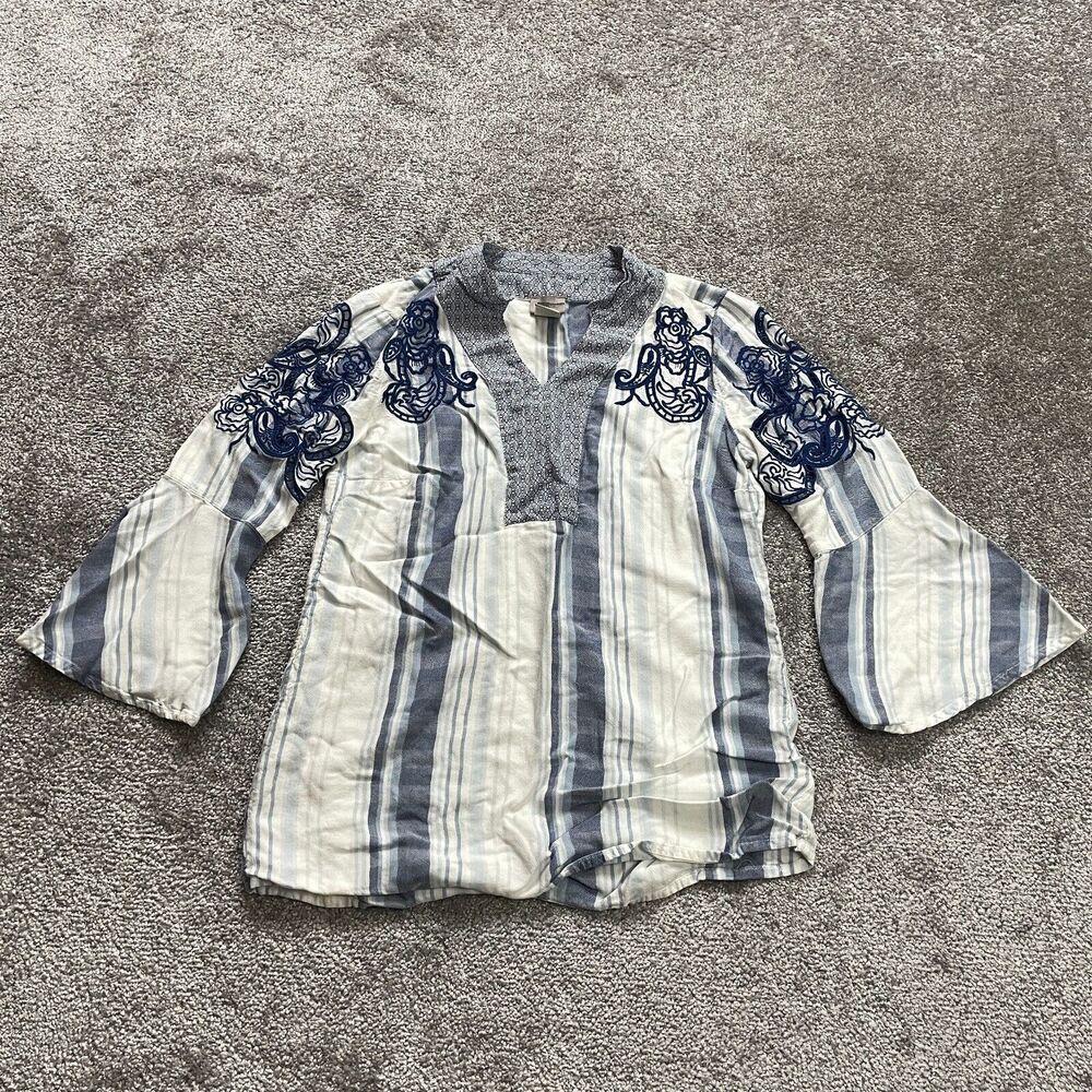 Chico's Blouse Shirt Womens Chico 00P US Size XS 2P White Blue Striped Embroider
